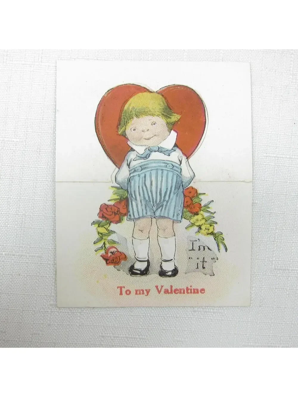 Vintage Valentine Cutout Card Stand Up Blonde Boy w/ Flowers 1920s-30s UNSIGNED